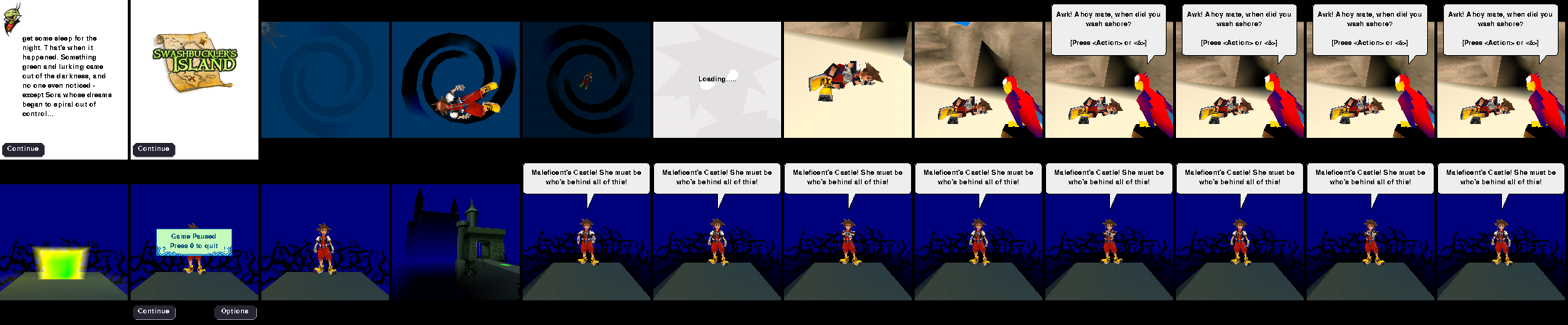 Sora on the Island and in Maleficent's Castle, plus menu screens